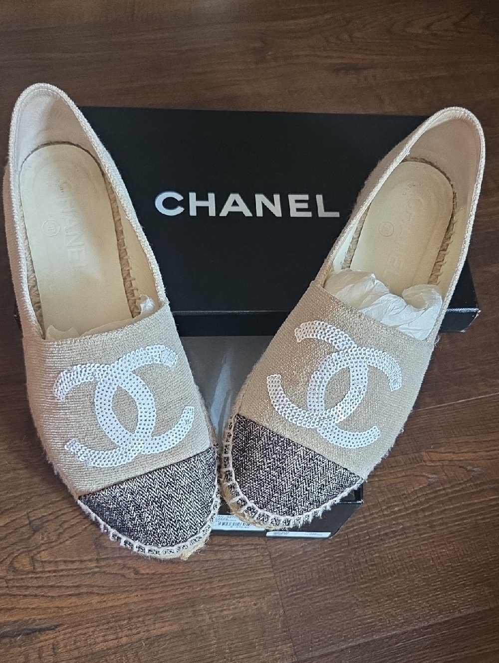 CHANEL Beige Espadrille Flats with White CC Emblem